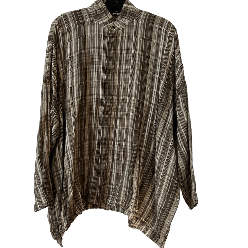 Eskandar top blouse shirt size 1 plaid oversized cotton brown tunic long sleeves